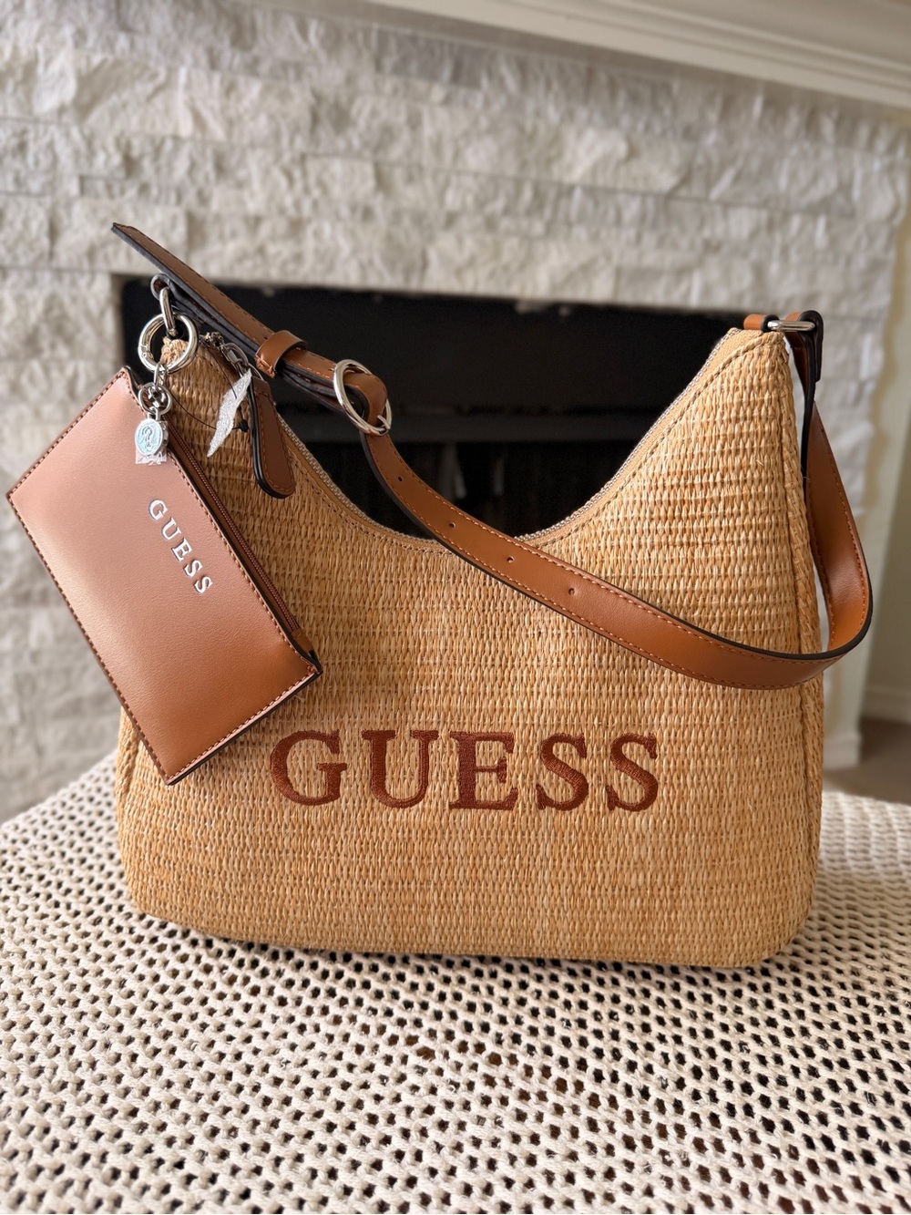 GUESS Tan Jute Woven Hobo with Brown Leather Strap and Matching Pouch